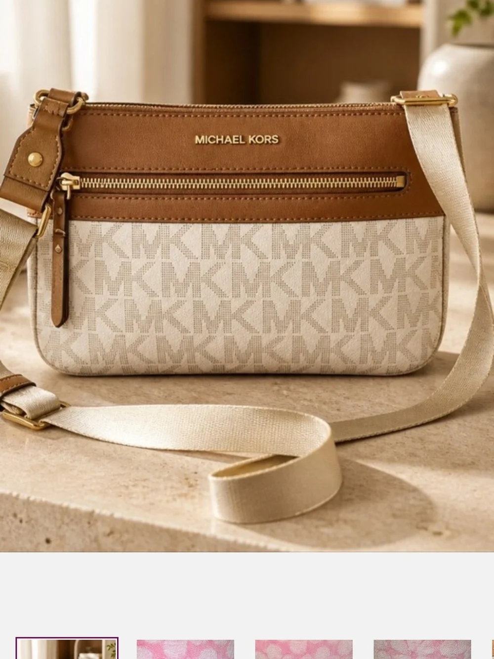 Michael Kors Jet Set Canvas Crossbody Bag in Brown and Cream